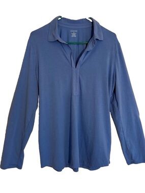 Lands End Womens Blue Long Sleeve Roll Tab Popover Blouse Size Large